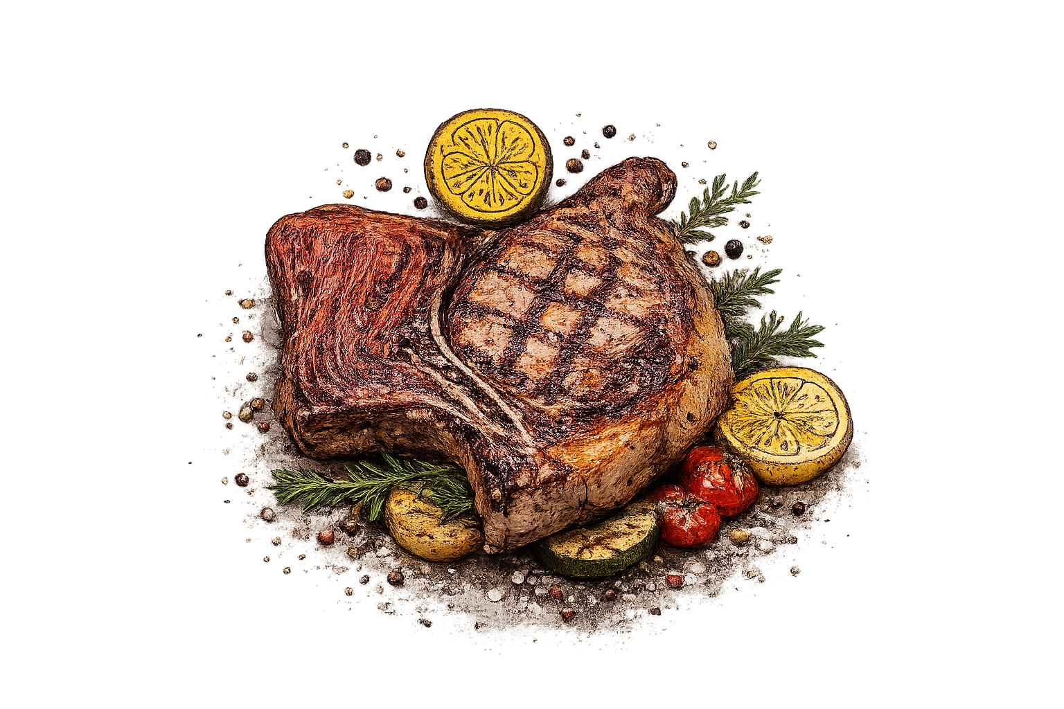Illustrazione vintage di bistecca alla griglia con sale grosso, pepe colorato, rosmarino e limone su sfondo trasparente