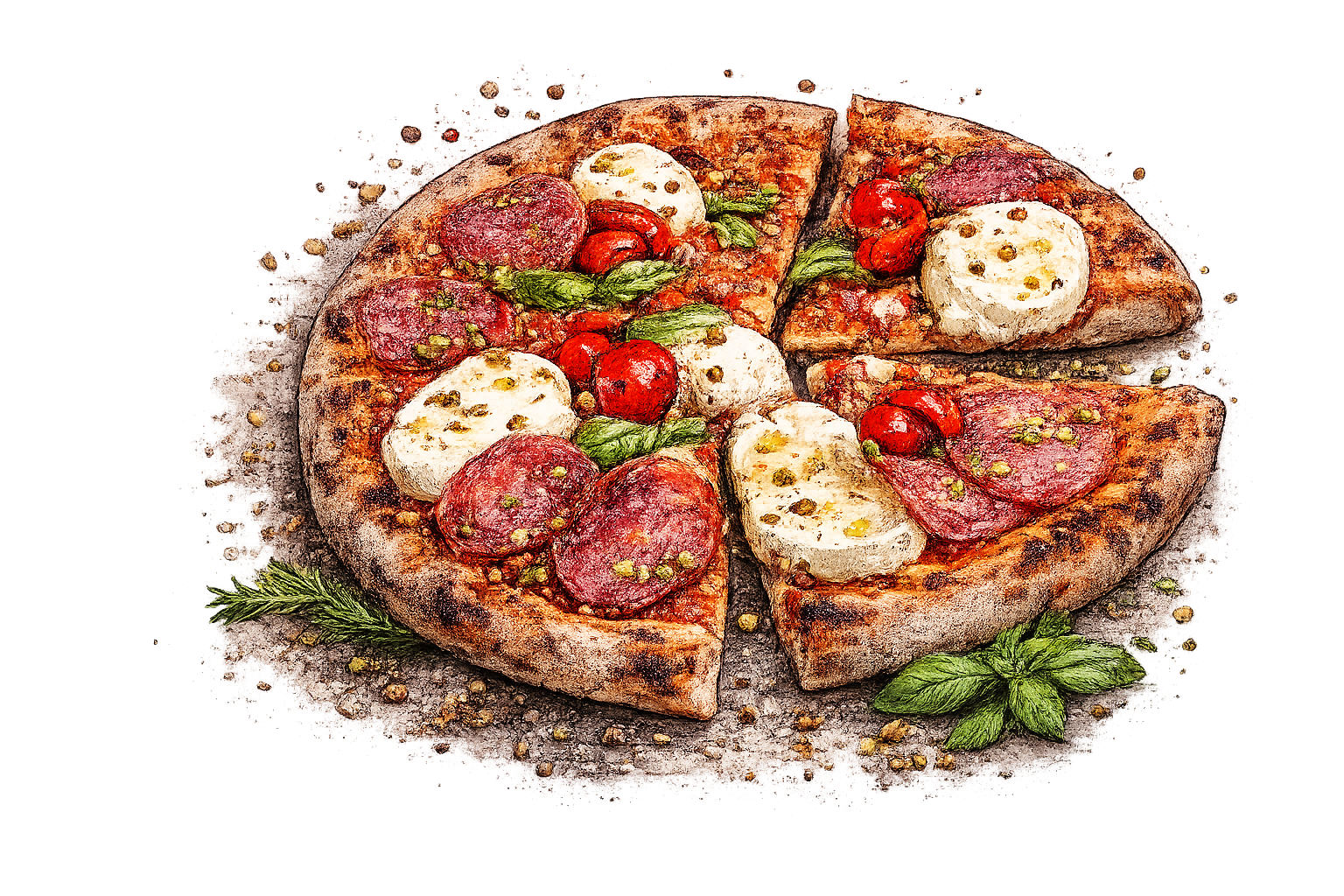 Illustrazione vintage di pizza artigianale con mozzarella, salame, pomodorini e basilico su sfondo trasparente